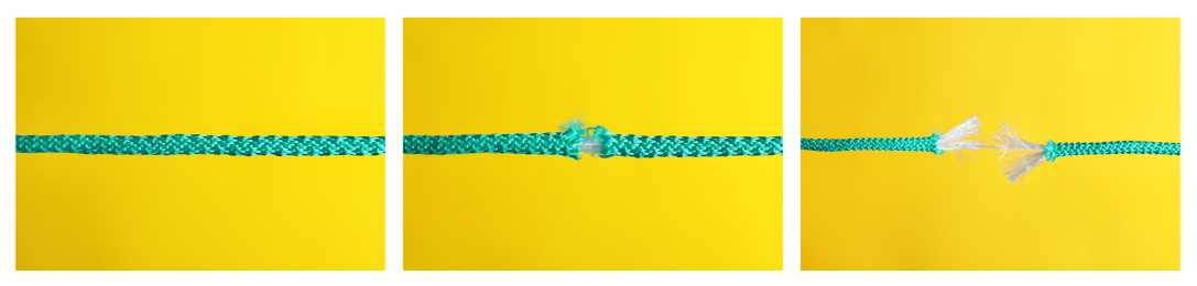 Image of Collage of rope rupturing on yellow background