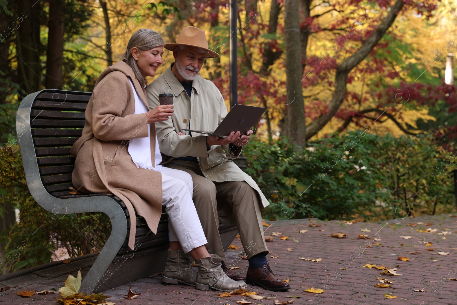 Photo of Affectionate senior couple with laptop spending time together in autumn park, space for text