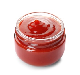 Photo of Tasty homemade tomato sauce in glass jar on white background