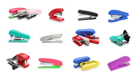 Image of Different colorful staplers isolated on white, collection