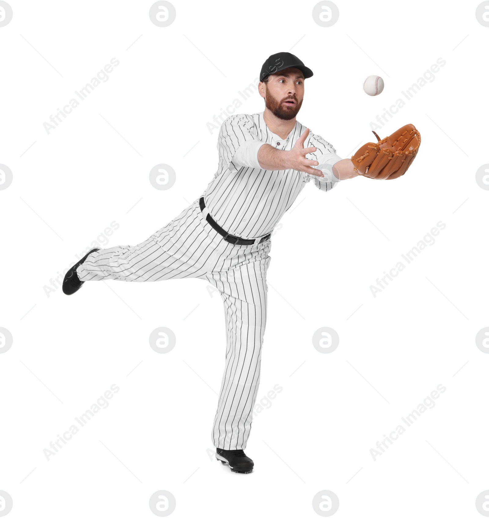 Photo of Baseball player catching ball on white background