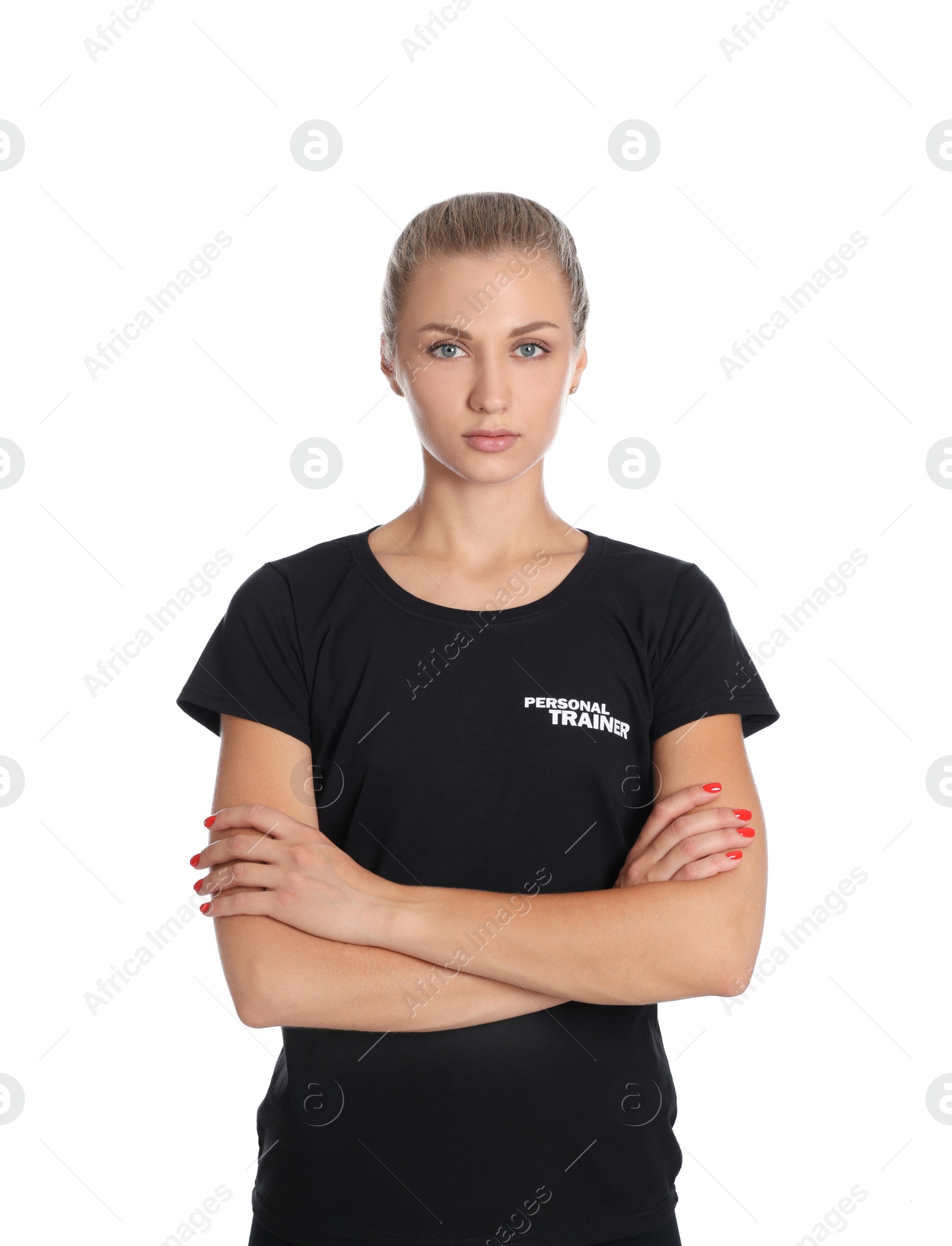 Photo of Portrait of personal trainer on white background. Gym instructor