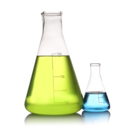 Photo of Erlenmeyer flasks with color liquids isolated on white. Solution chemistry