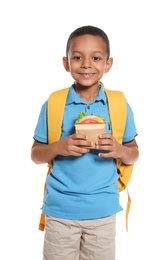 Photo of African-American schoolboy with healthy food and backpack on white background