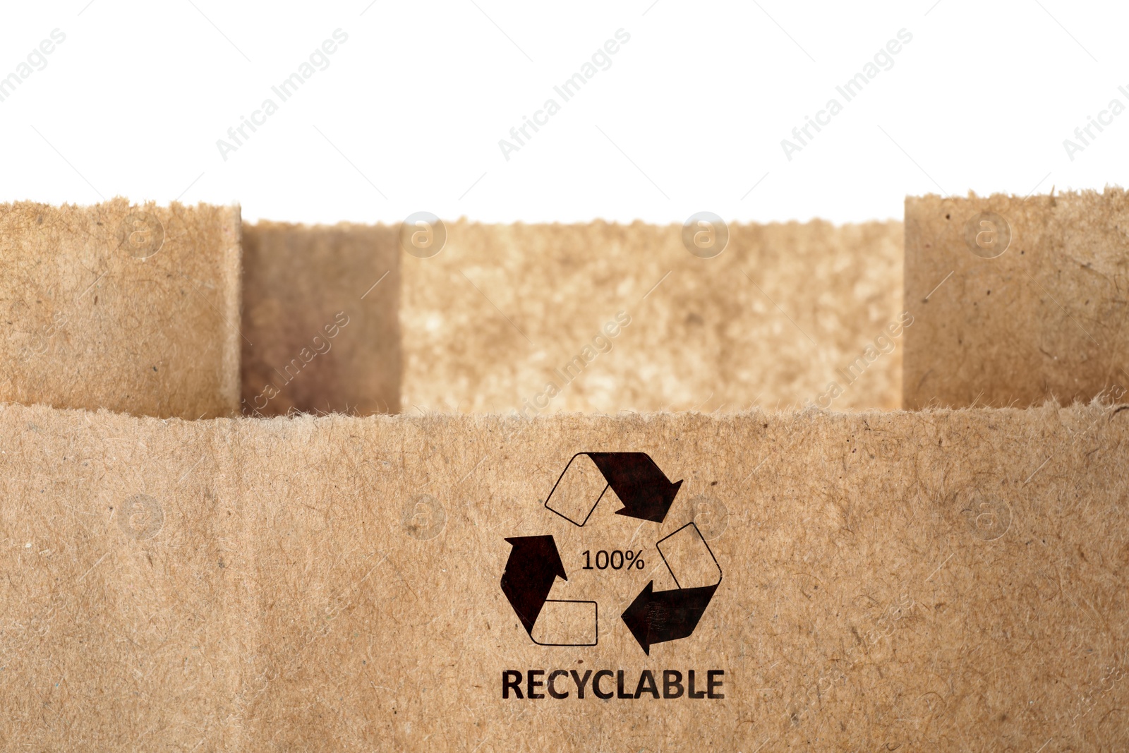 Image of Paper bag with recycling symbol on white background. Eco friendly package