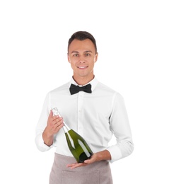 Waiter with bottle of champagne on white background