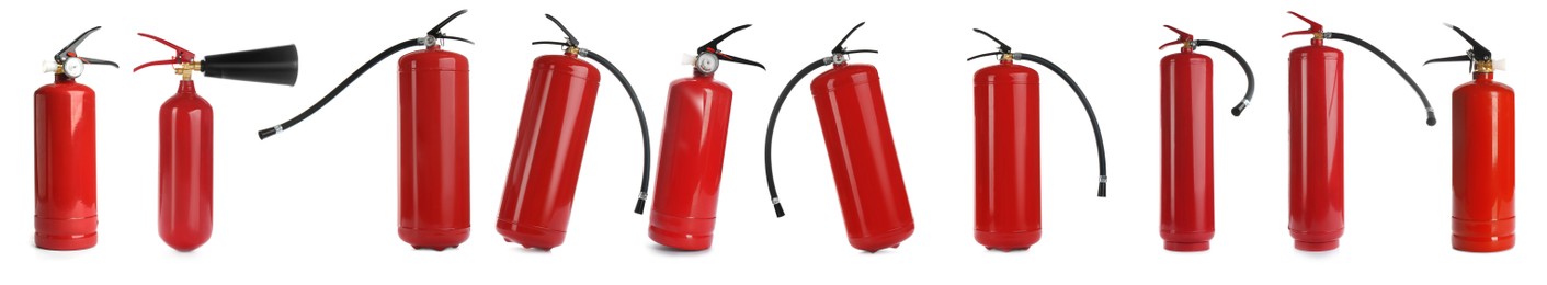 Image of Set with fire extinguishers on white background. Banner design