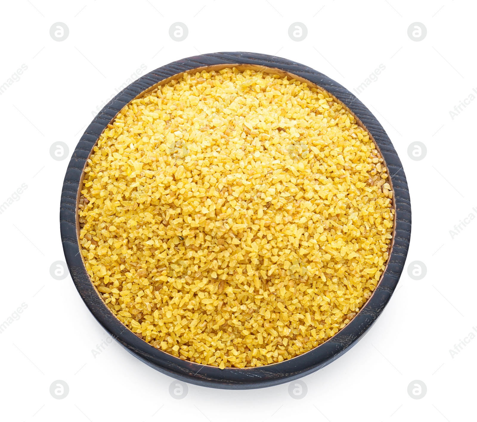 Photo of Bowl with uncooked bulgur isolated on white, top view