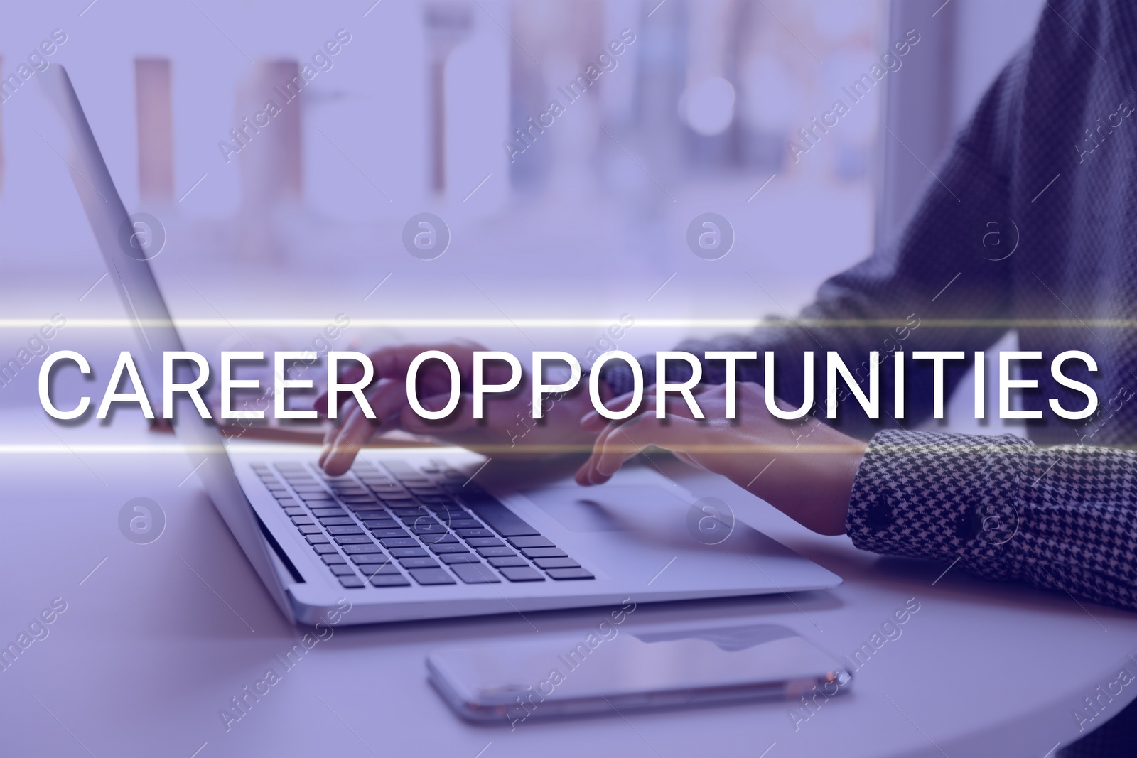 Image of Career opportunities. Woman working with laptop at table, closeup