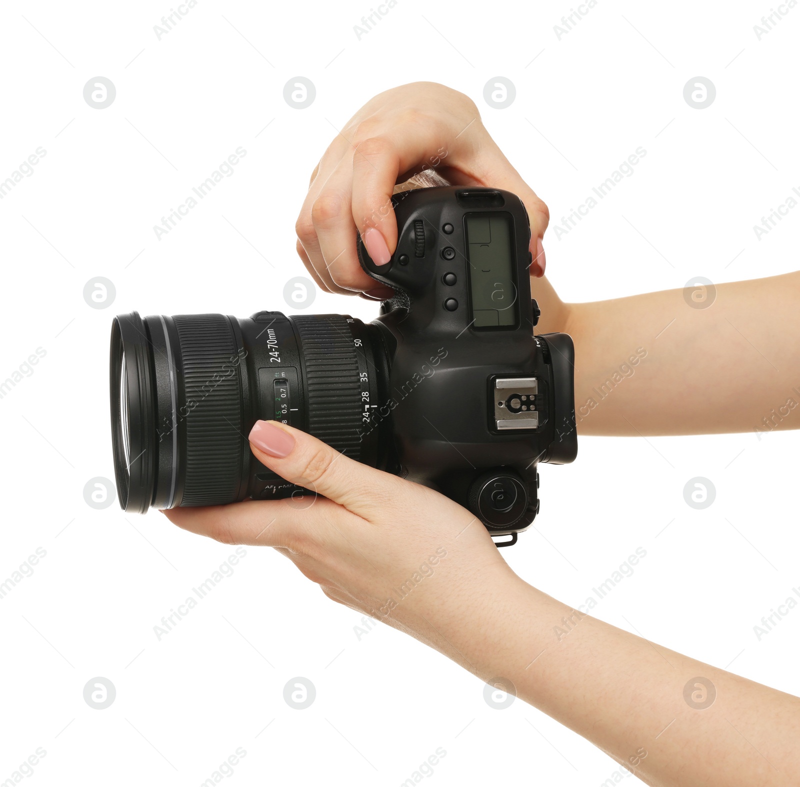 Photo of Photographer with camera on white background, closeup