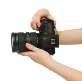 Photo of Photographer with camera on white background, closeup