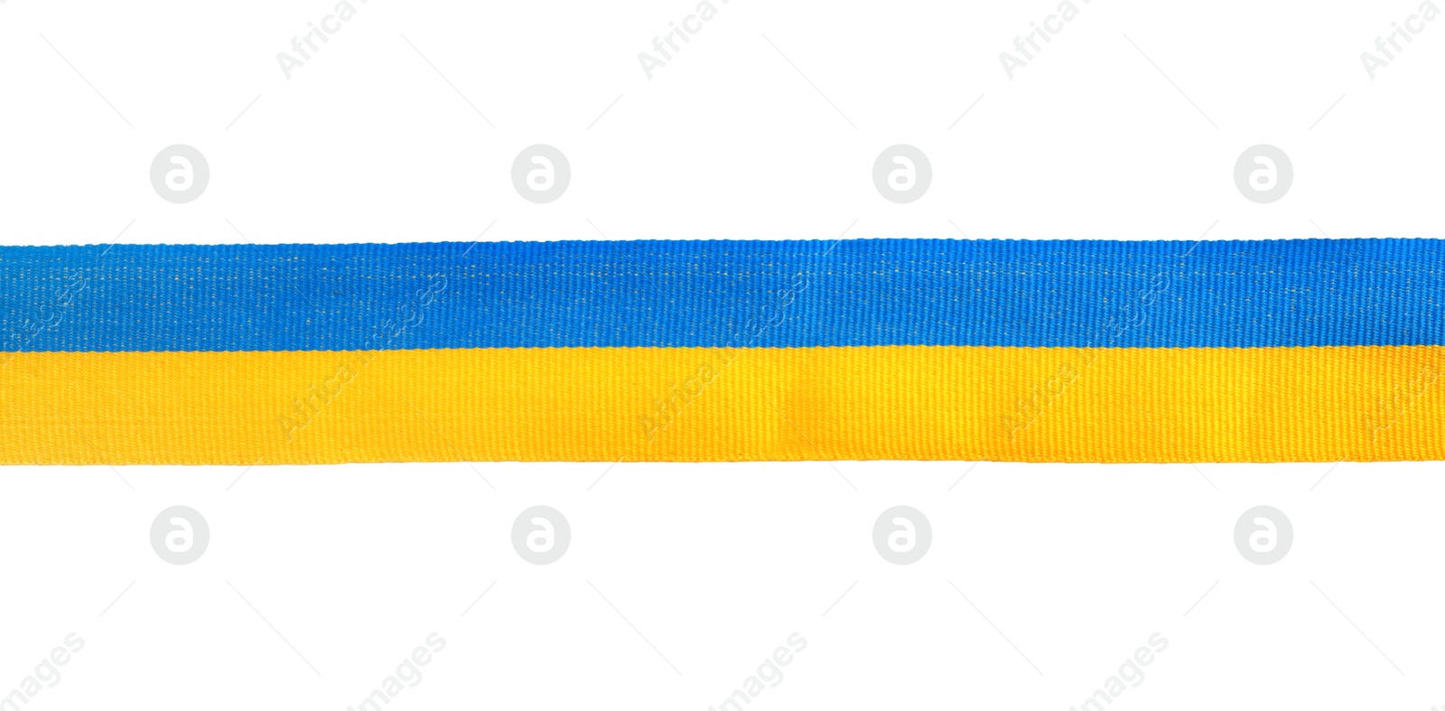 Photo of Ribbon with colors of national Ukrainian flag isolated on white, top view