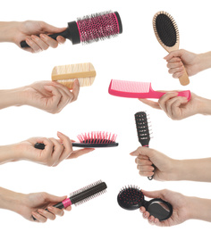 Image of Set with photos of people holding different hair brushes on white background, closeup 