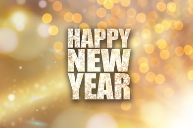Illustration of Text Happy New Year on festive background with blurred lights, bokeh effect
