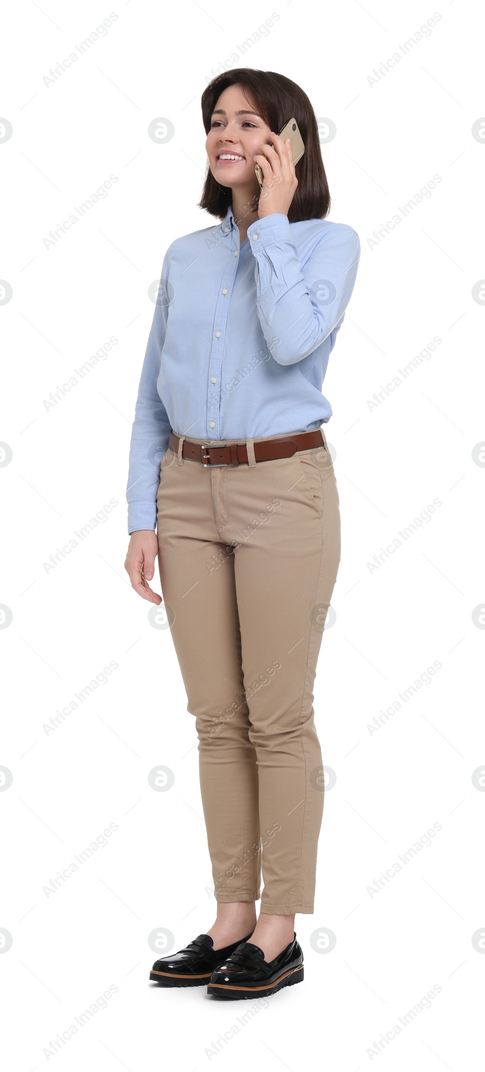 Photo of Happy businesswoman woman talking on smartphone against white background