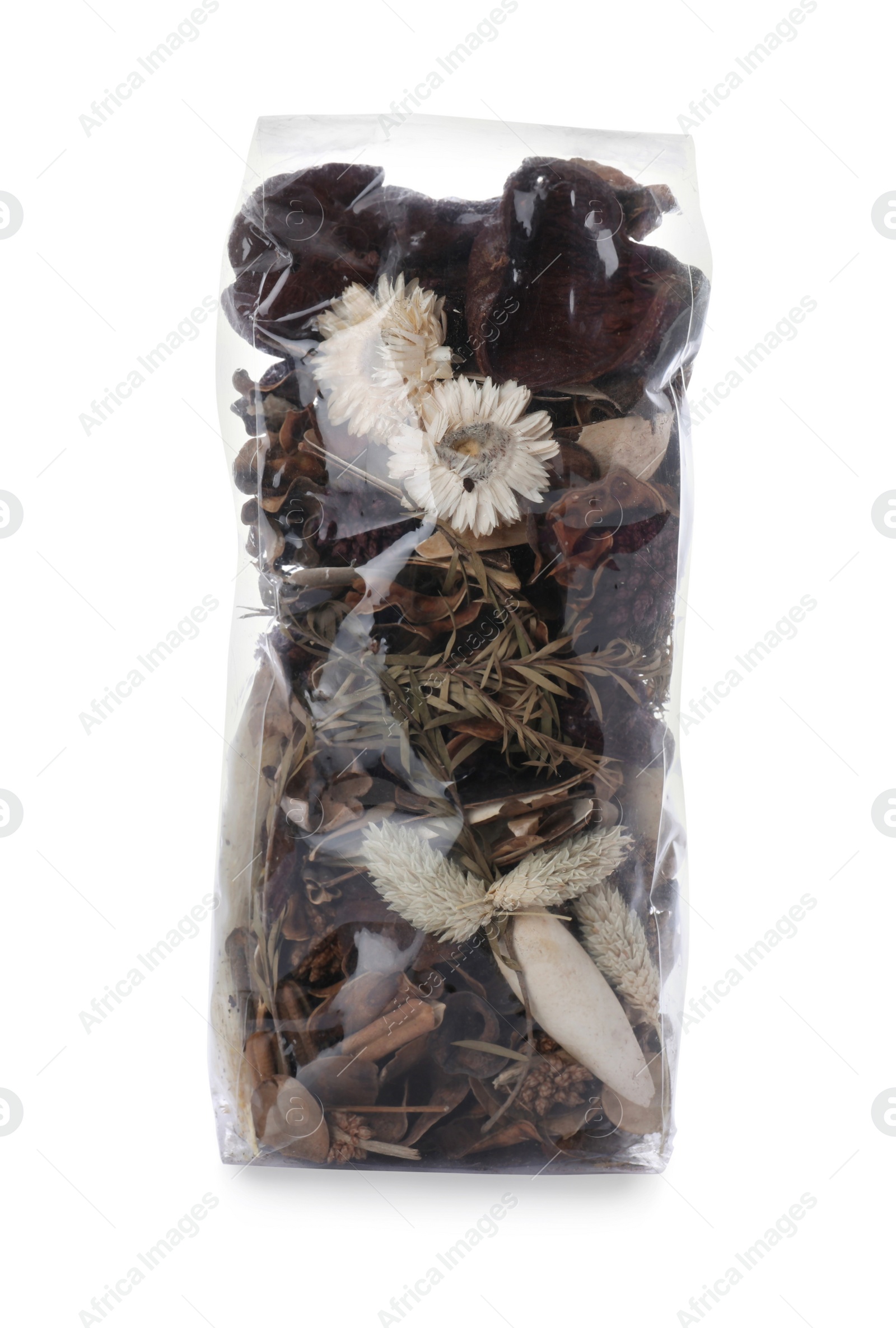 Photo of Scented sachet with mixed dried flowers on white background