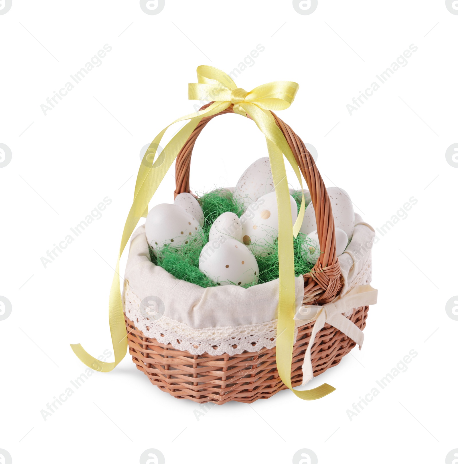 Photo of Wicker basket with beautifully painted Easter eggs isolated on white