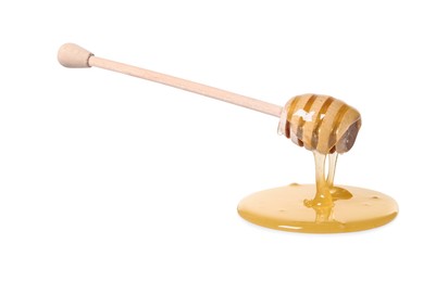 Photo of Natural honey dripping from dipper on white background