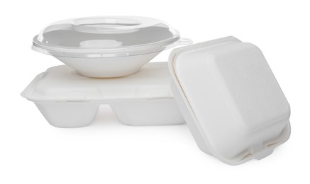 Three containers for food on white background