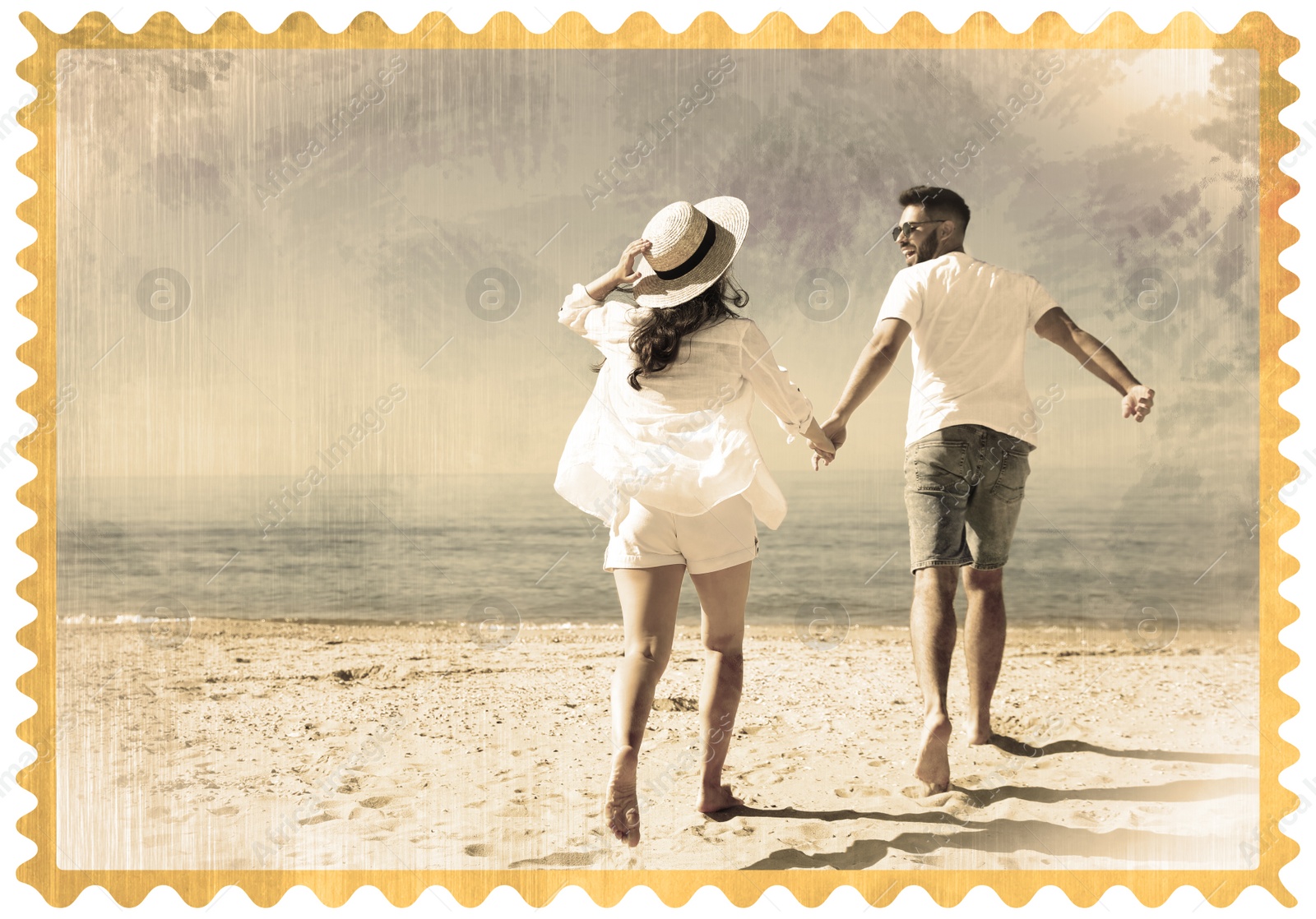 Image of Old paper photo. Young couple running on beach near sea