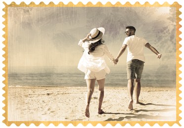 Image of Old paper photo. Young couple running on beach near sea