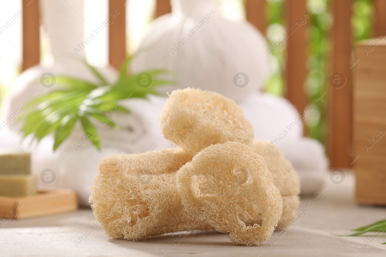 Photo of Natural loofah sponges on grey textured table