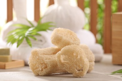 Photo of Natural loofah sponges on grey textured table