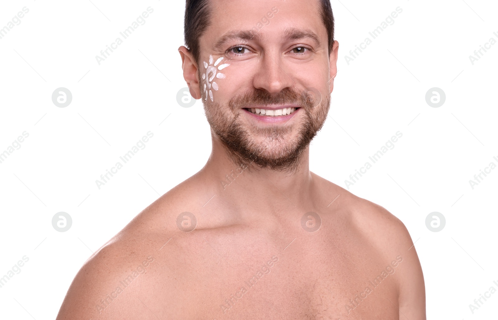 Photo of Handsome man with sun protection cream on his face against white background