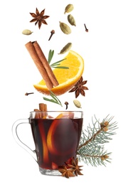 Image of Cut orange and different spices falling into glass cup of mulled wine on white background 