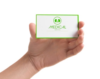 Photo of Woman holding medical business card isolated on white, closeup. Nephrology service