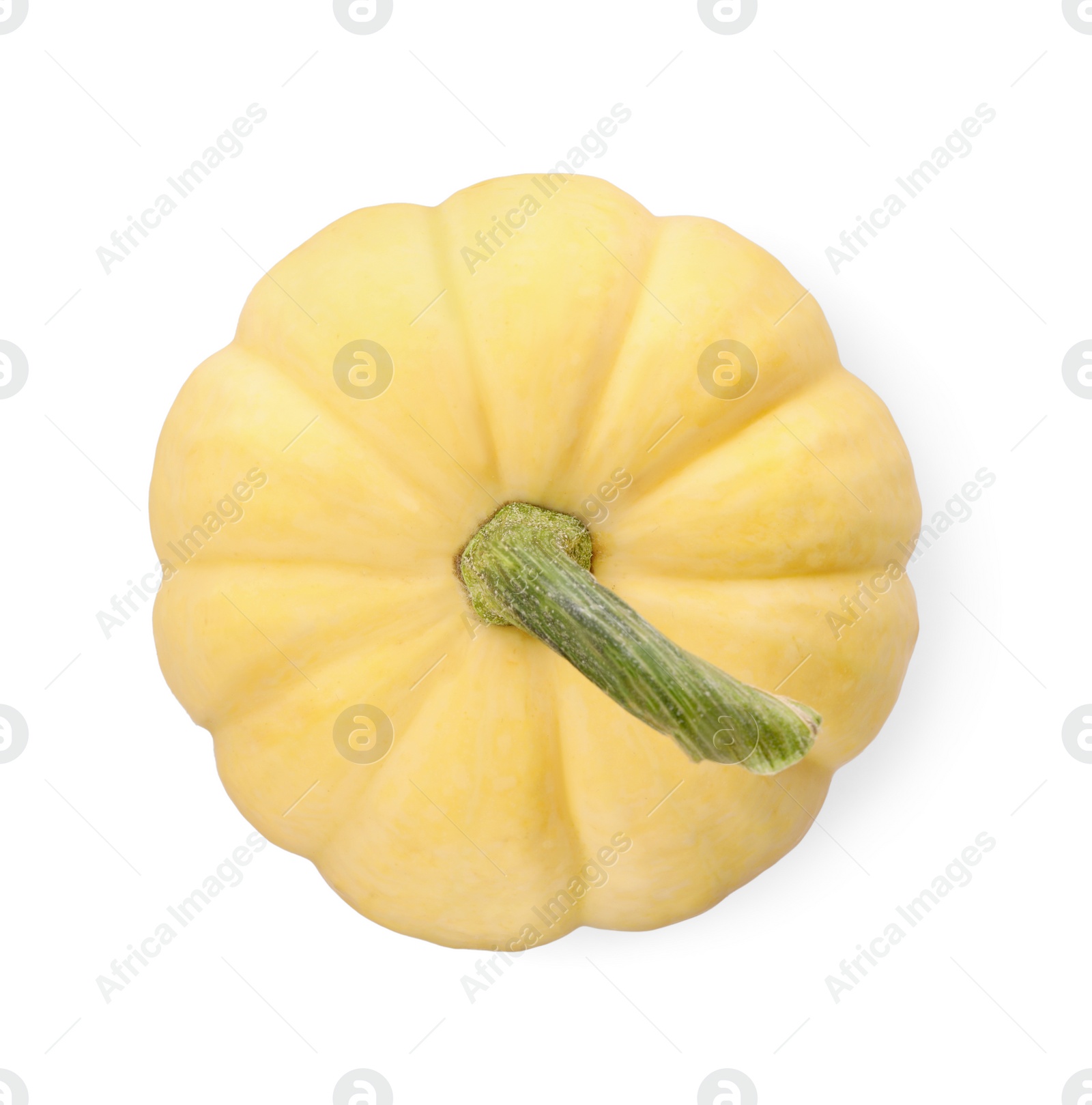 Photo of One fresh yellow pumpkin isolated on white, top view