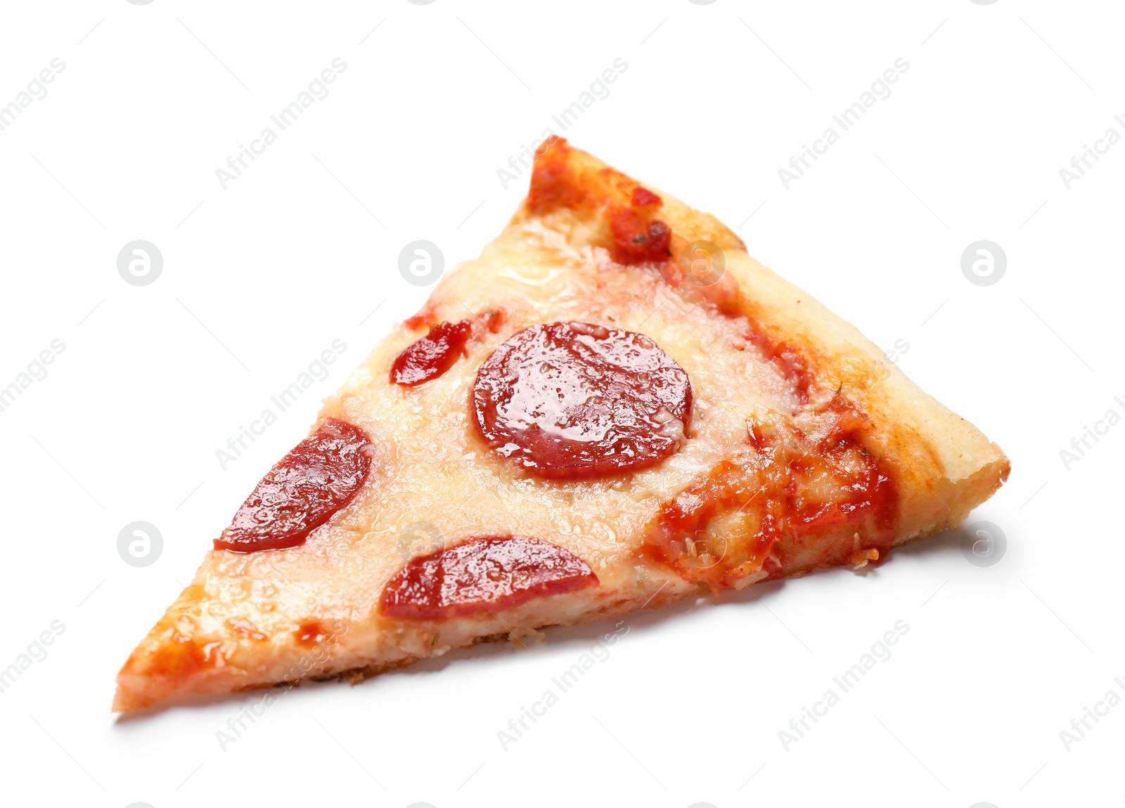 Photo of Slice of hot delicious pepperoni pizza on white background