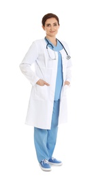 Photo of Full length portrait of female doctor isolated on white. Medical staff