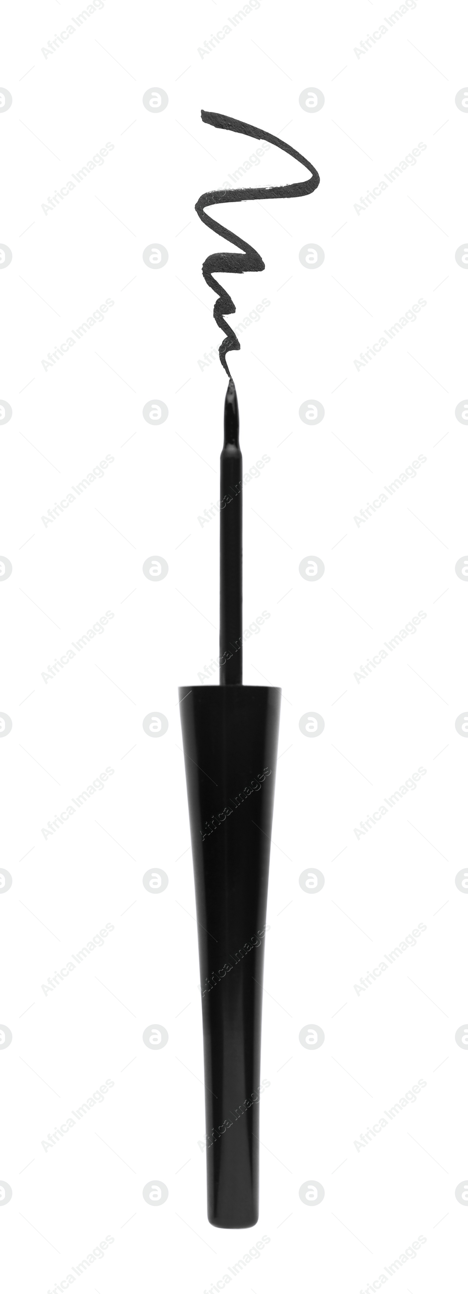 Photo of Black eyeliner and stroke on white background, top view. Makeup product