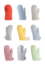 Set with different oven gloves on white background