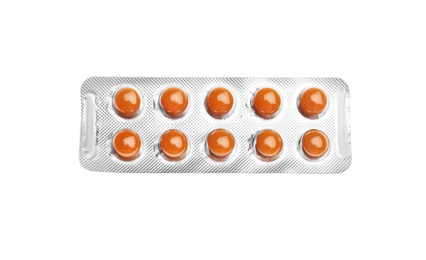 Pills in blister pack on white background