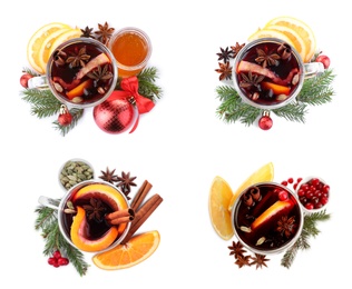 Image of Set of aromatic mulled wine on white background, top view 