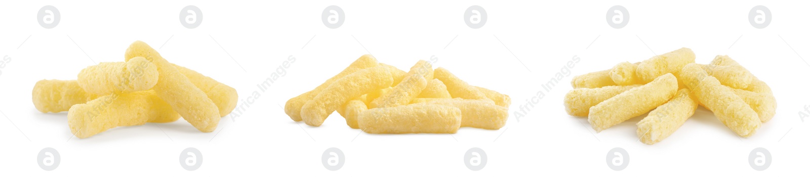 Image of Piles with tasty corn sticks on white background, collage design