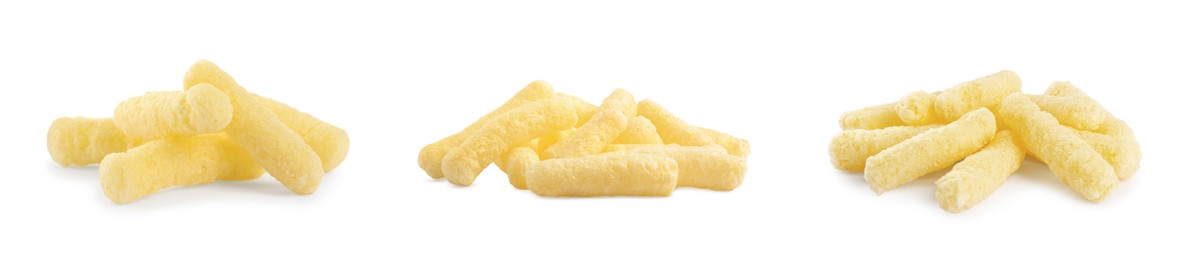 Image of Piles with tasty corn sticks on white background, collage design
