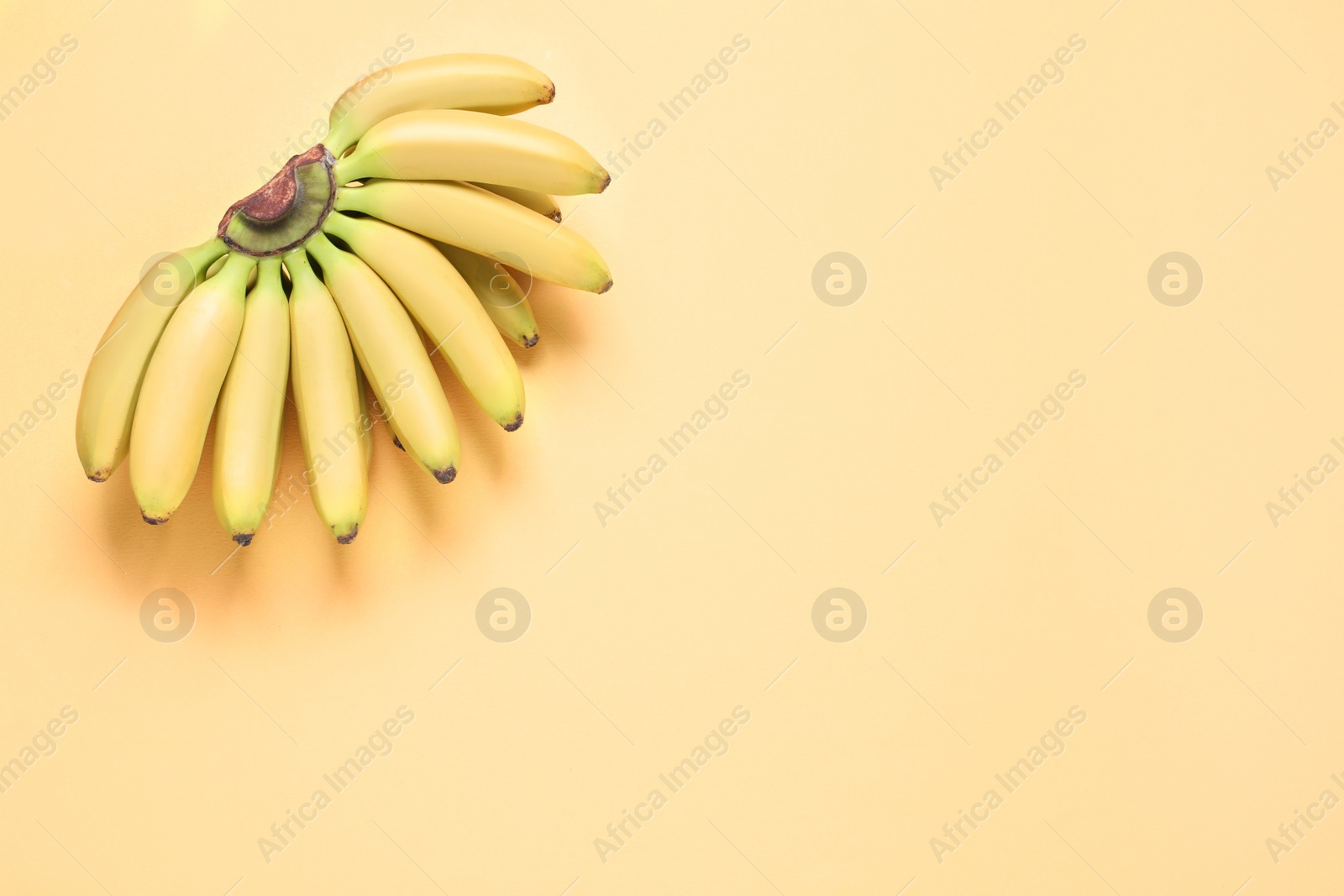 Photo of Bunch of ripe baby bananas on light orange background, top view. Space for text