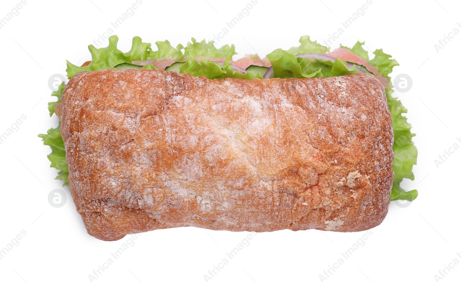 Photo of Delicious sandwich with fresh vegetables and salmon isolated on white, top view