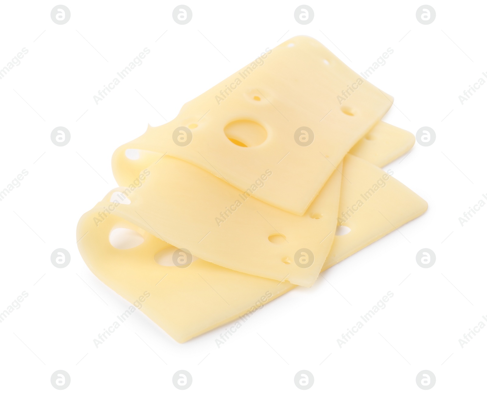 Photo of Slices of tasty fresh cheese isolated on white, above view