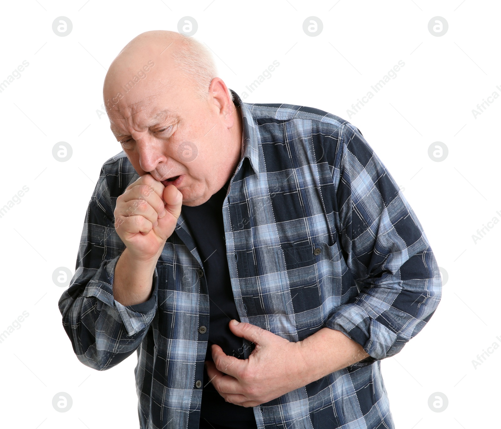 Photo of Senior man suffering from cough on white background