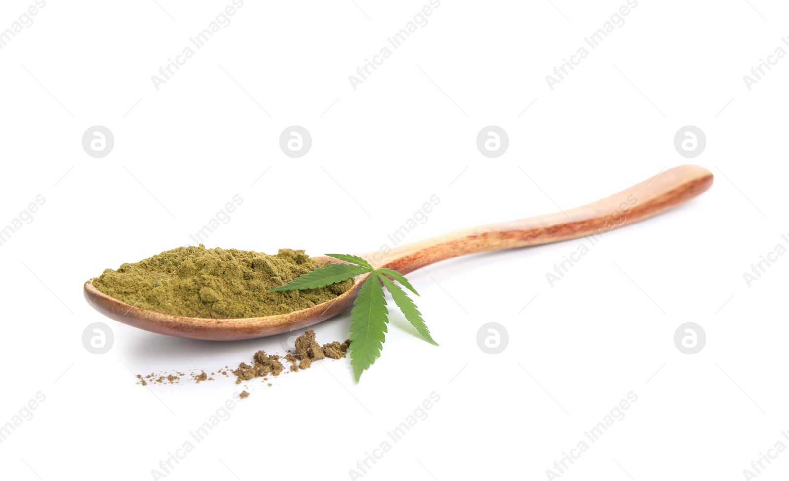 Photo of Wooden spoon with hemp protein powder and fresh leaf on white background