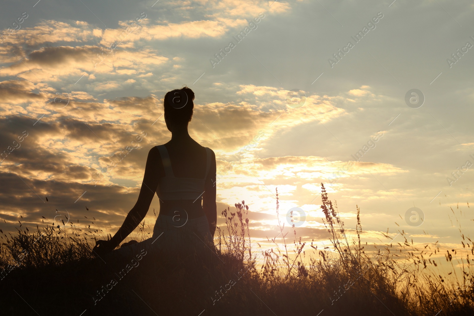 Photo of Silhouette of woman meditating outdoors at sunset, back view. Space for text