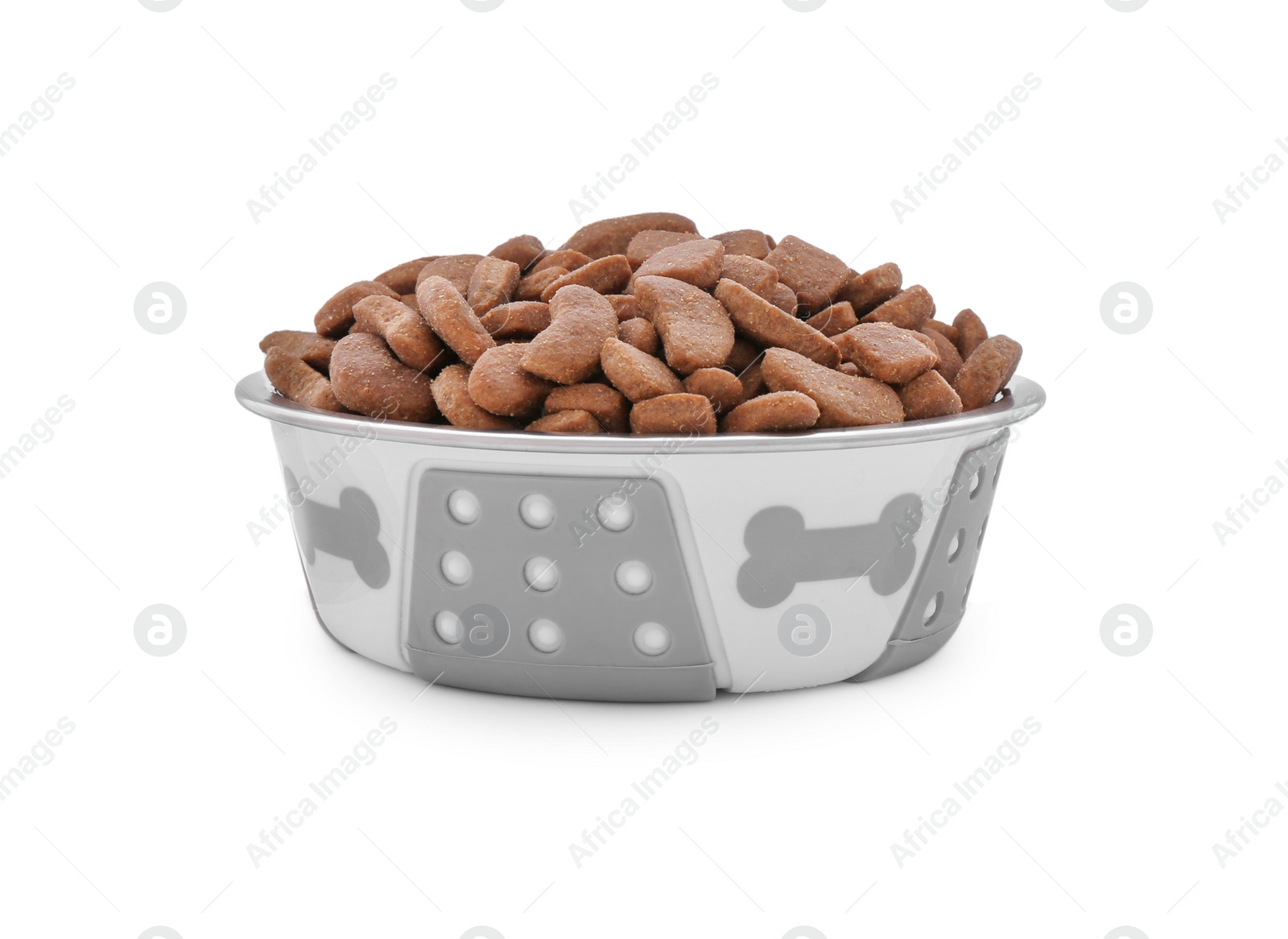 Photo of Dry dog food in pet bowl isolated on white