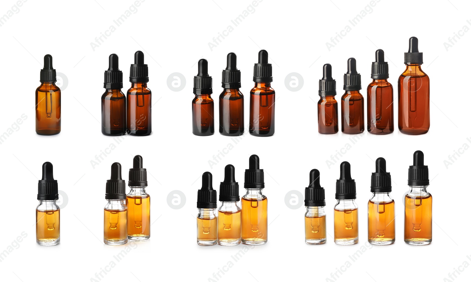 Image of Set with bottles of essential oils on white background