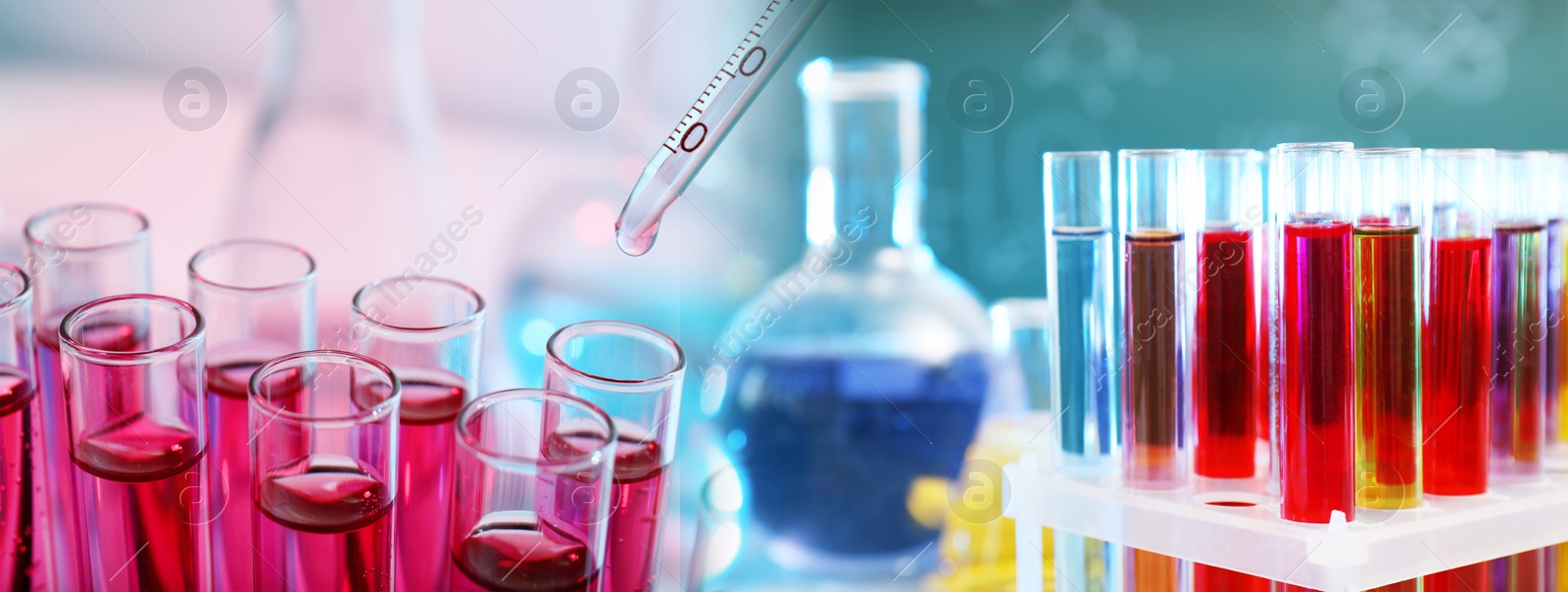 Image of Chemistry and chemical research. Collage of different laboratory glassware with liquids. Banner design