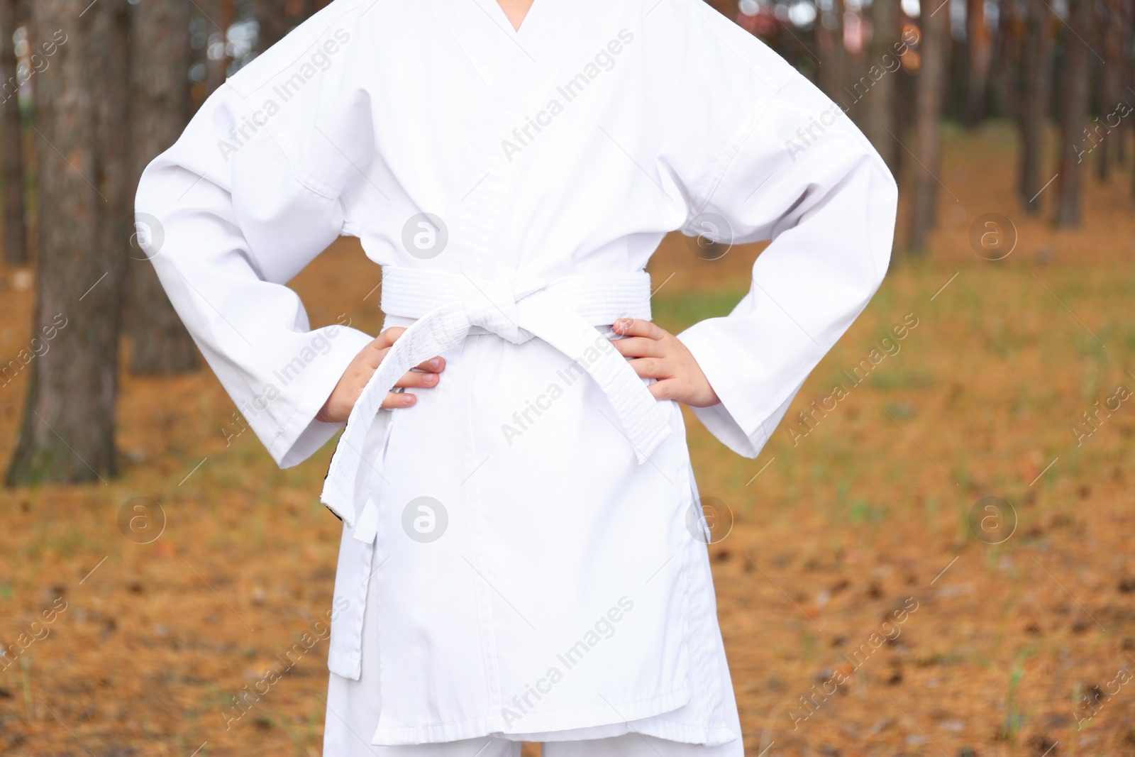 Photo of Cute little girl in kimono practicing karate in forest, closeup