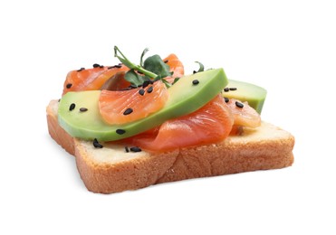 Photo of Tasty toast with butter, avocado, salmon, sesame seeds and microgreens on white background